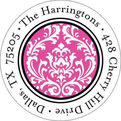 Fuchsia Damask Round Address Labels